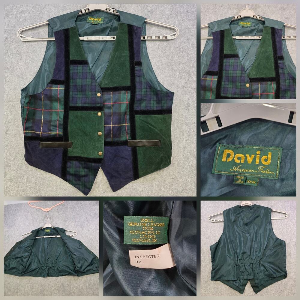 David Vest Mens 3XL Green‎ Plaid Genuine Leather Quilted Patchwork Button Front